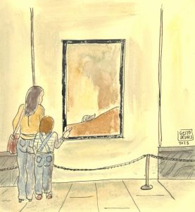 Ilustra a la protagonista del retrato y a su madre delante del cuadro "El perro semihundido" de Francisco de Goya